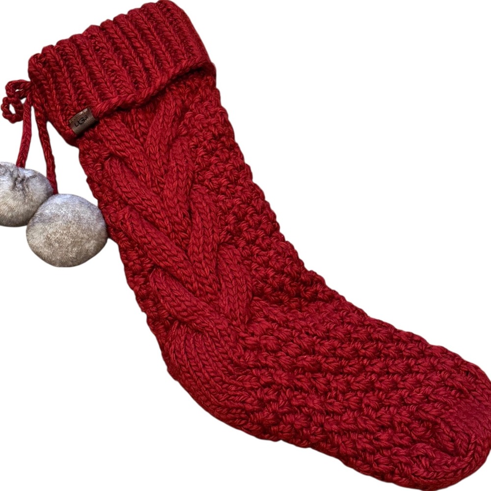 UGG Christmas Stocking Unisex OS Red NWOT Cable Knit Faux Fur Pom Poms Holiday